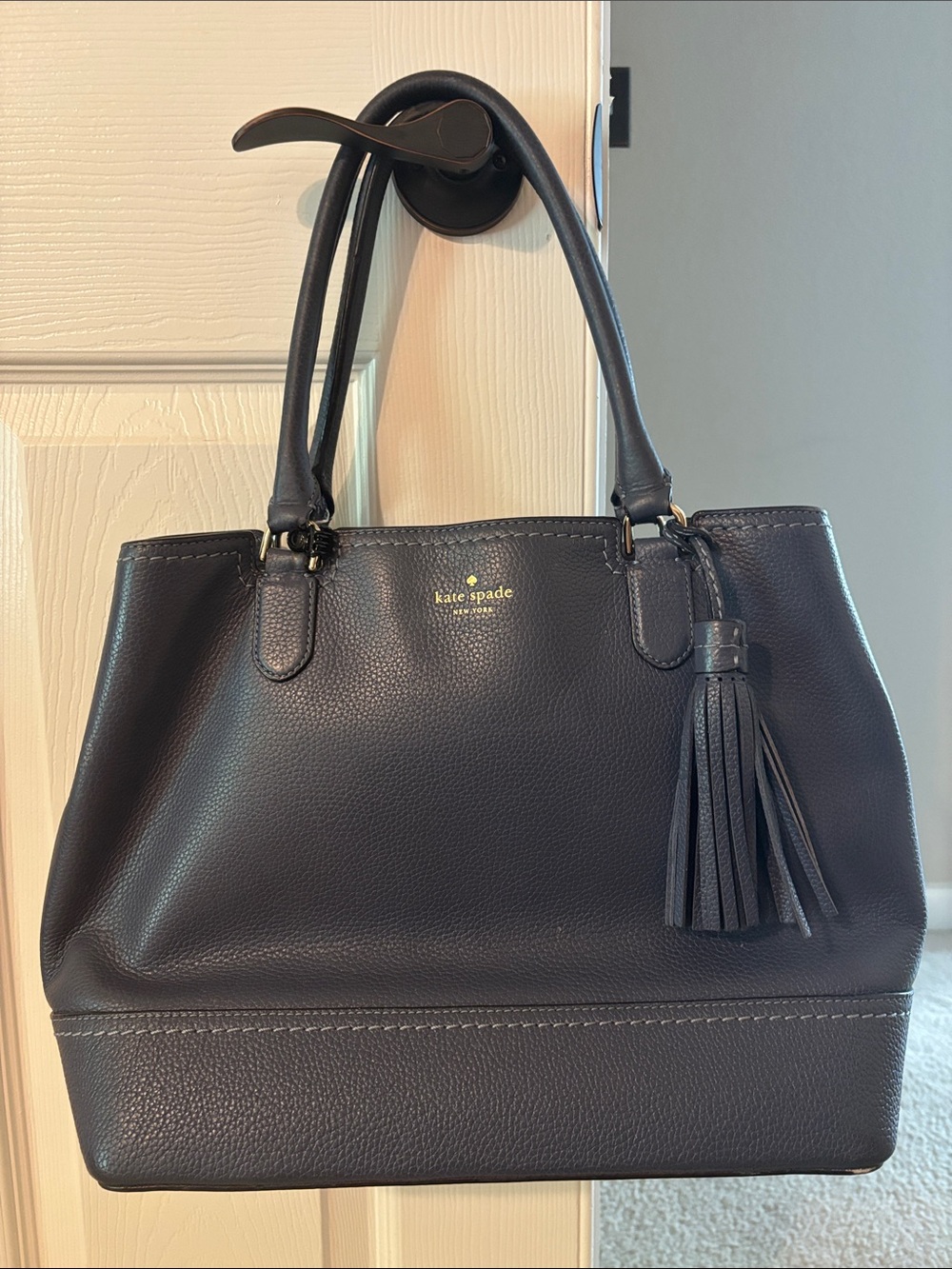 kate spade slate blue leather tote with tassel